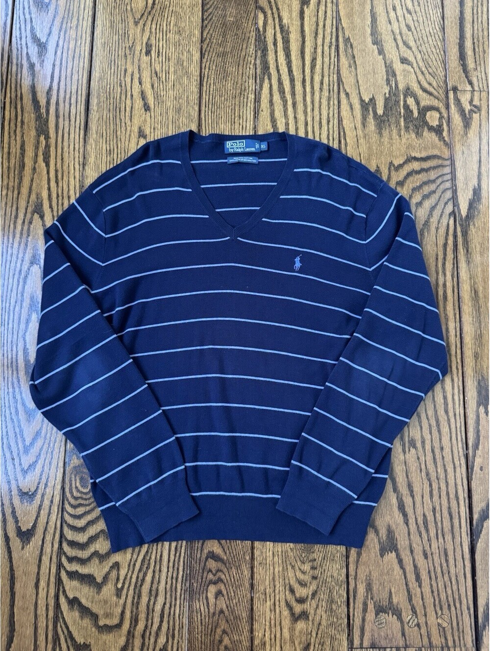 Polo Ralph Lauren Men's Navy V-neck Sweater Striped Blue Size XL Long Sleeve